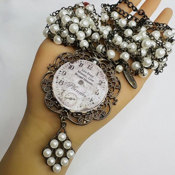 Chunky Bib Plunder PAXTON Pearl Time Piece Clock Statement Necklace OOAK 4519 - Picture 2 of 10